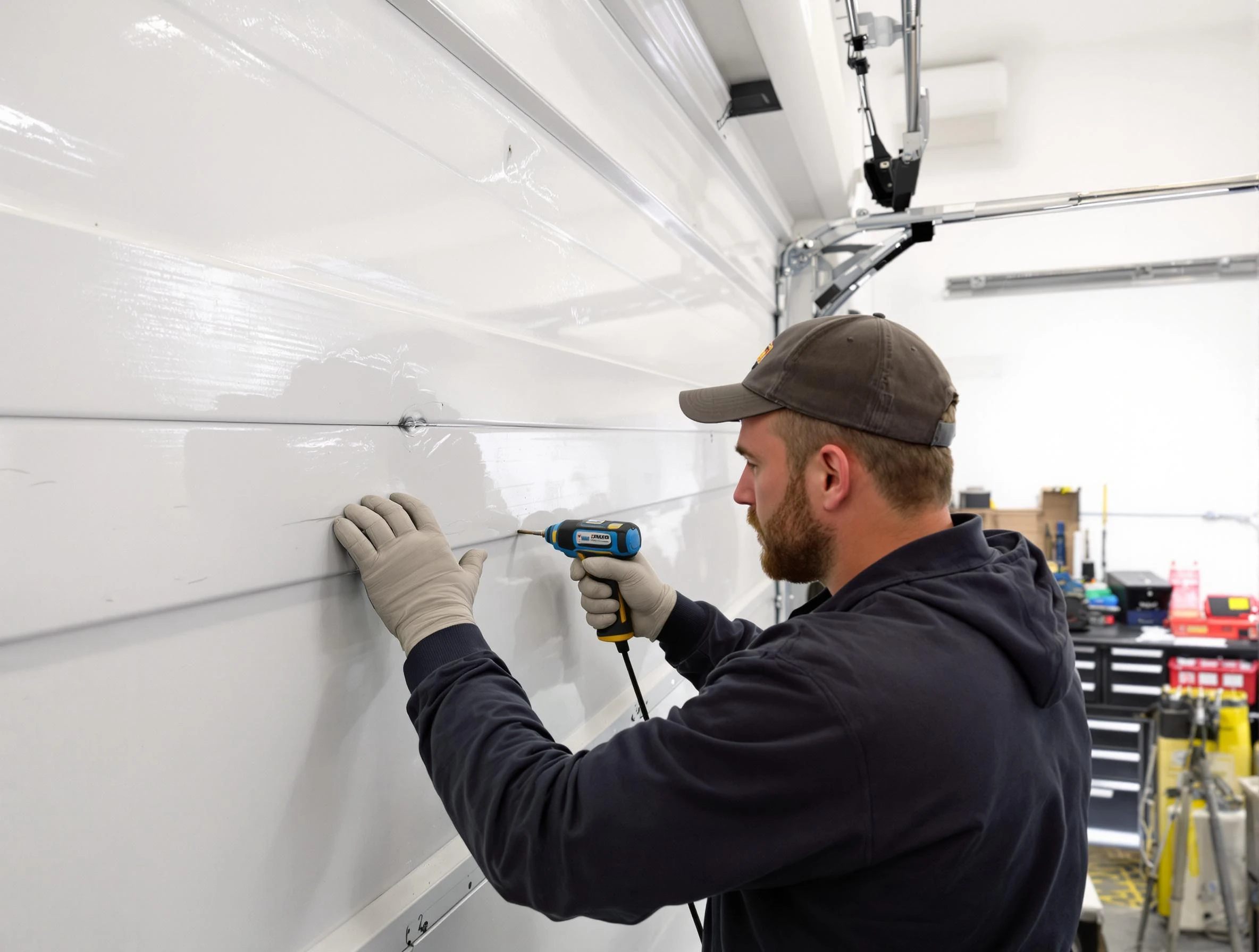 Smyrna Garage Door Repair technician demonstrating precision dent removal techniques on a Smyrna garage door